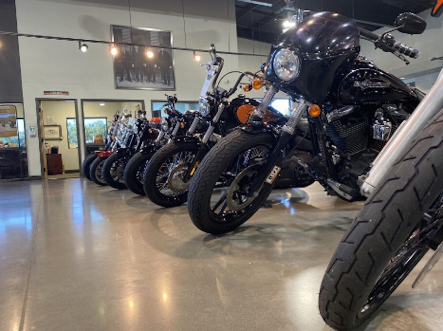 A row of motorcycles parked in a showroom.